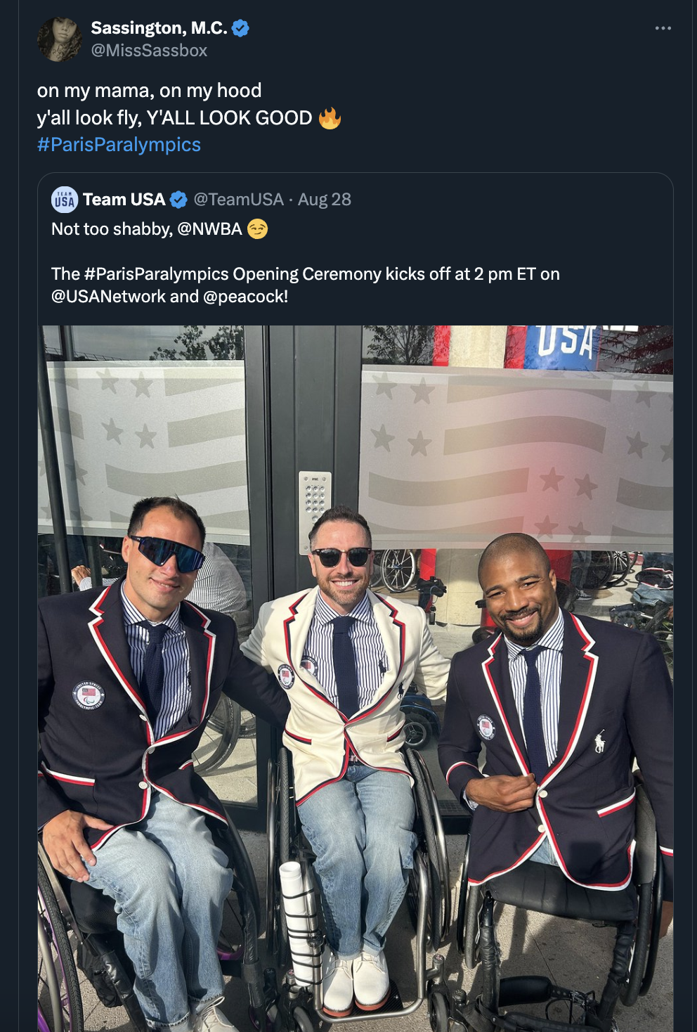 tourism - Sassington, M.C. MissSassbox on my mama, on my hood y'all look fly, Y'All Look Good Team Usa Aug 28 Not too shabby, The Paralympics Opening Ceremony kicks off at 2 pm Et on and ! Usa